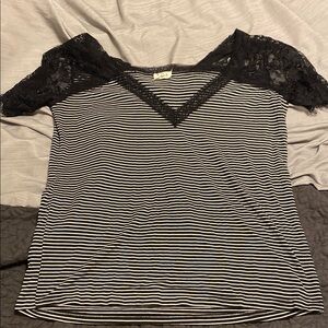 Women’s Black and White Striped Lace Top